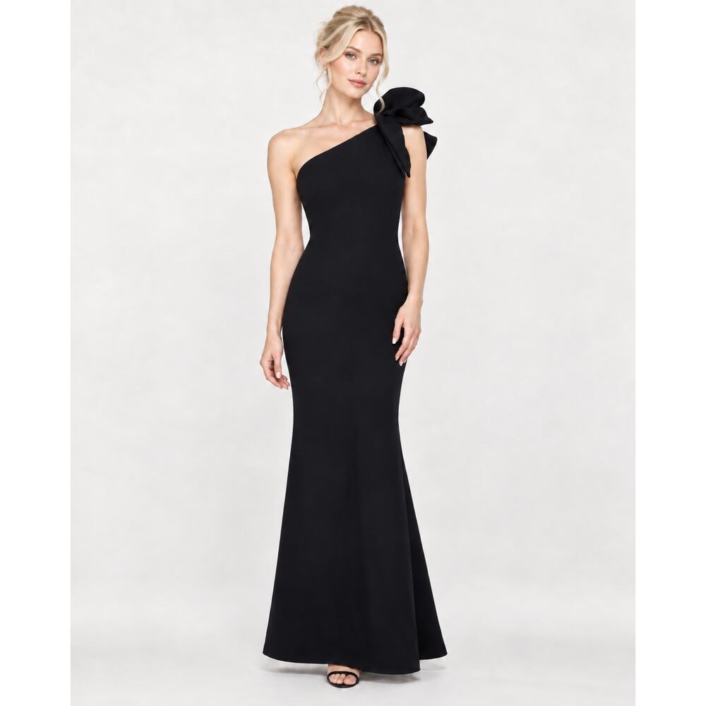 NEW BETSY & ADAM $259 Formal Gown Dress 8 Black One Shoulder Maxi Classic Event